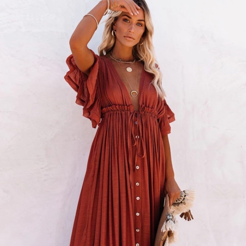 Red Boho Gauze Boho Button Flutter Maxi Dress - Picture 6 of 8